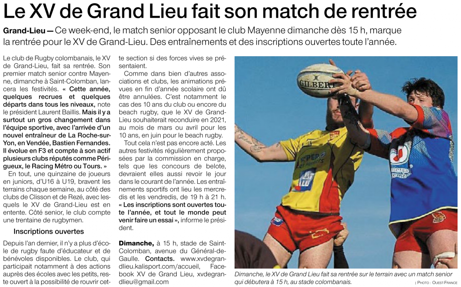27/09/2020 - Le XV de Grand Lieu fait son match de rentrée