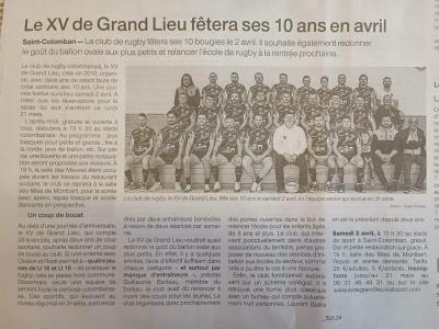 Ouest France 17/03/2022 - Le XV de Grand Lieu fêtera ses 10 ans en Avril